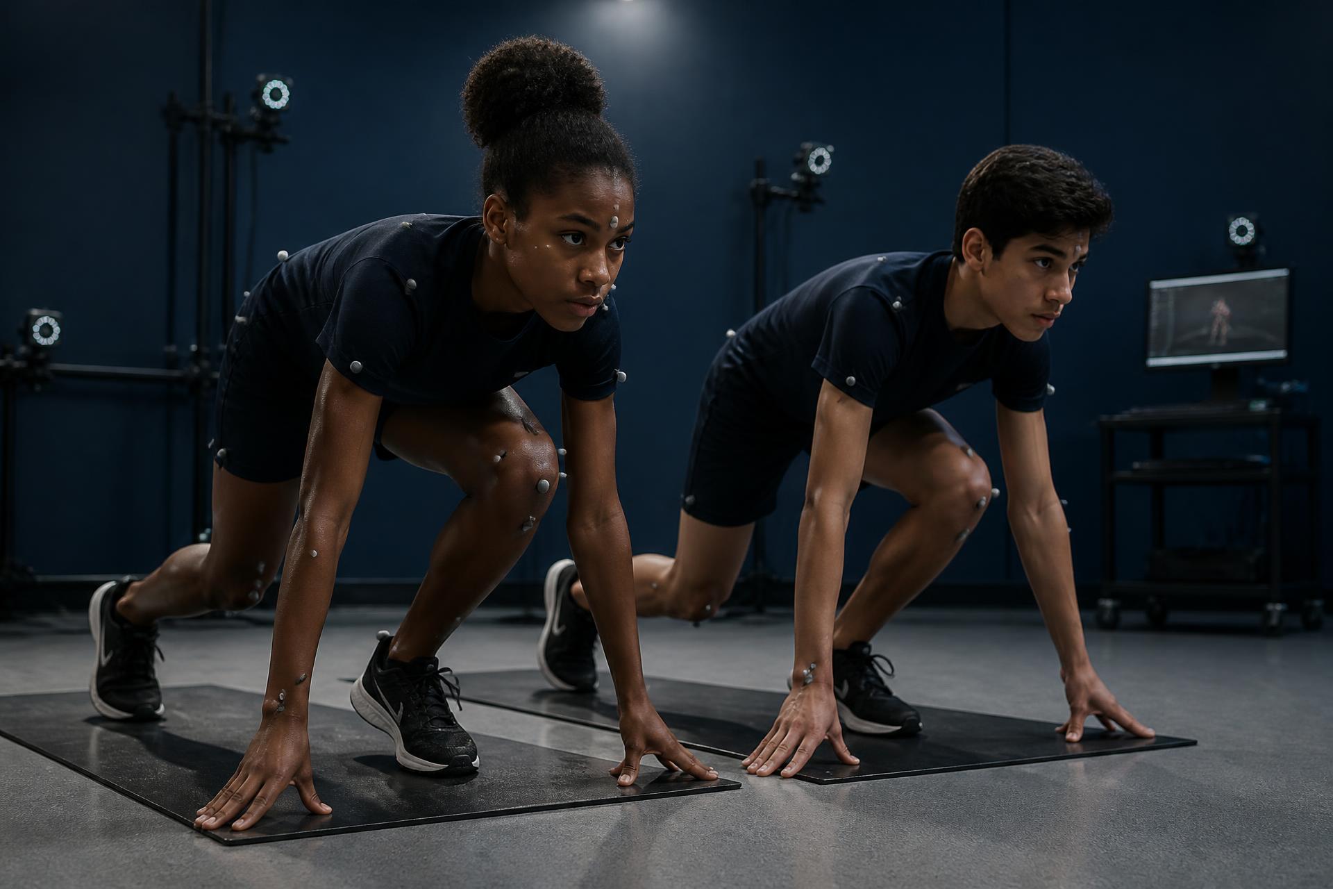 A Black female and a Latino male high-school freshman athlete performing a sprint assessment over force plates in a sports science laboratory